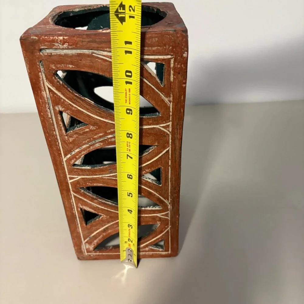 Terracotta Geometric‎ Lattice Candle Lanterns Pair Rustic Teal Interior 10.5in